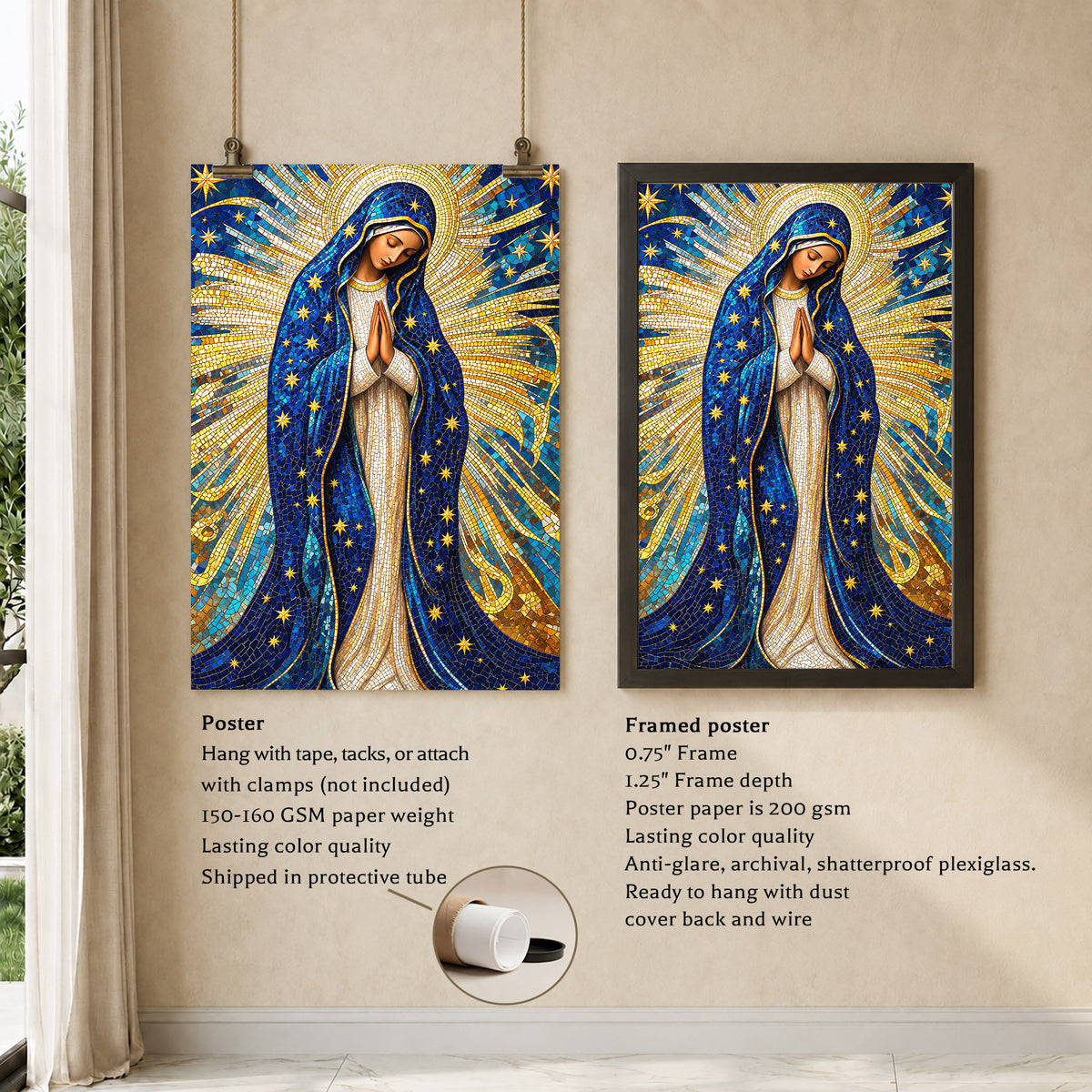 Golden Virgin Mary Starry Mosaic - Elegant Religious Art for Your Home Poster/Canvas