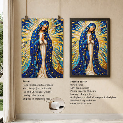 Golden Virgin Mary Starry Mosaic - Elegant Religious Art for Your Home Poster/Canvas