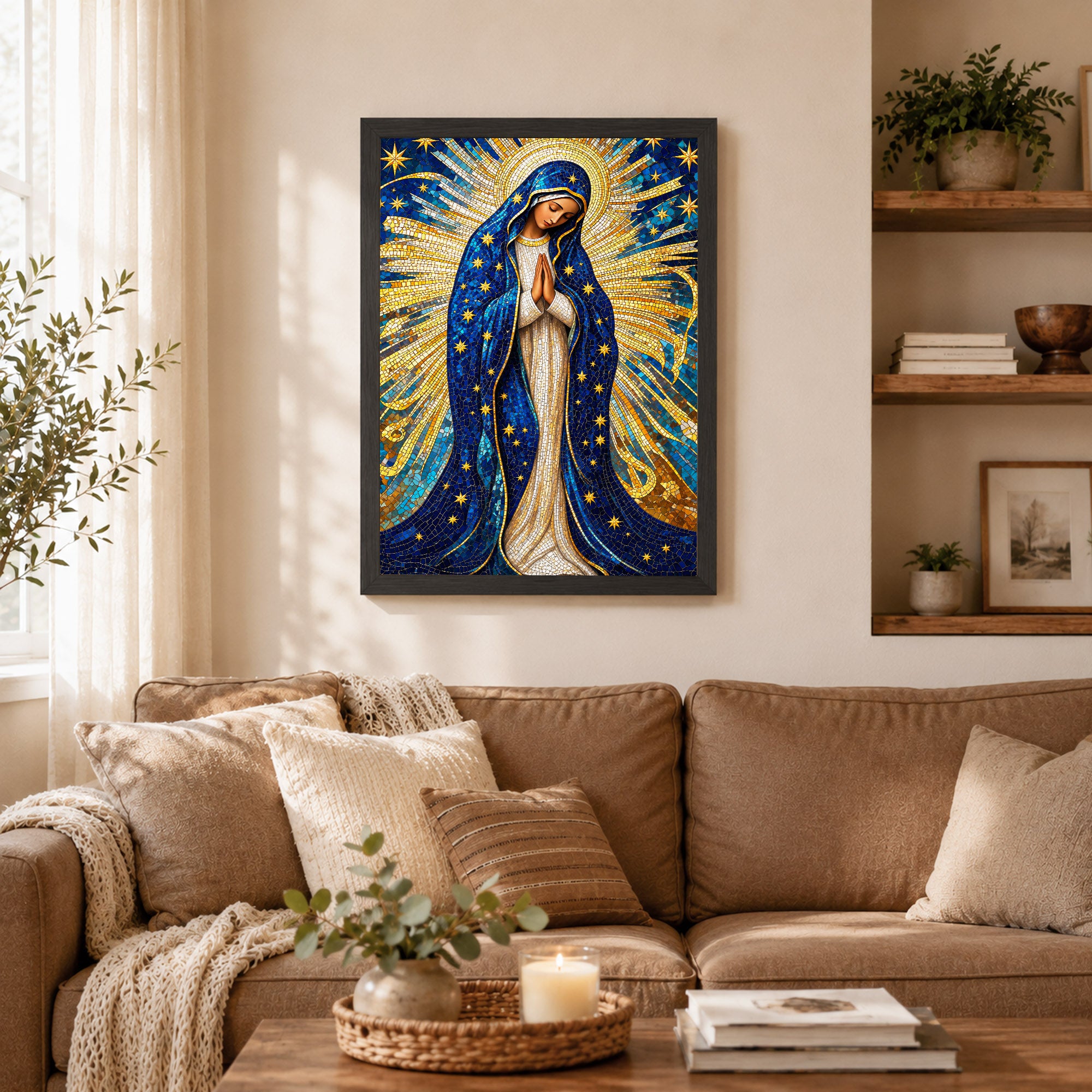 Golden Virgin Mary Starry Mosaic - Elegant Religious Art for Your Home Poster/Canvas