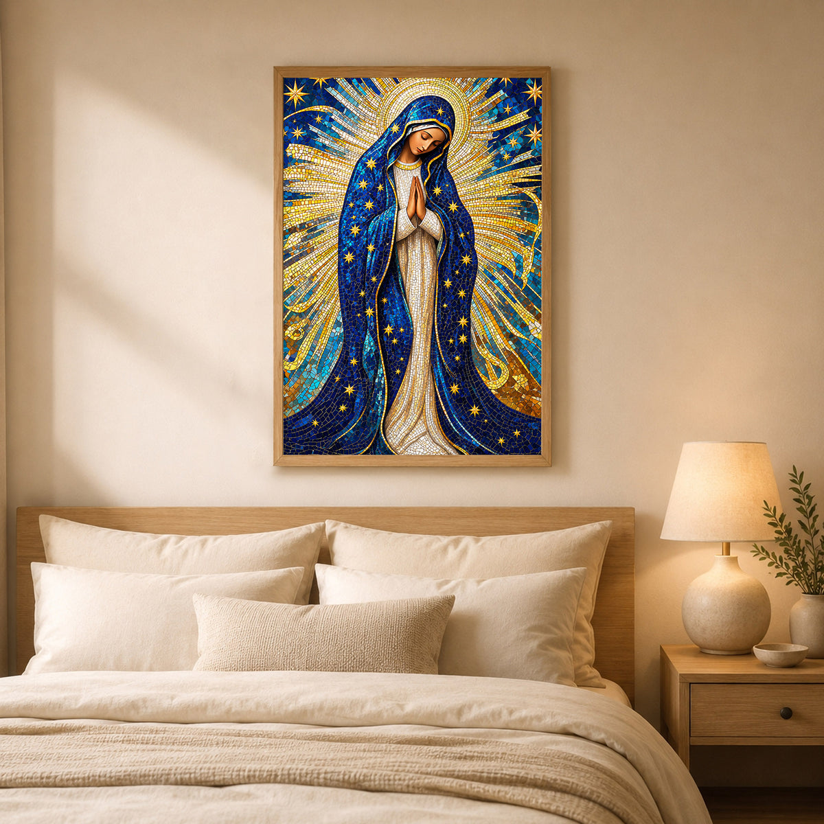 Golden Virgin Mary Starry Mosaic - Elegant Religious Art for Your Home Poster/Canvas
