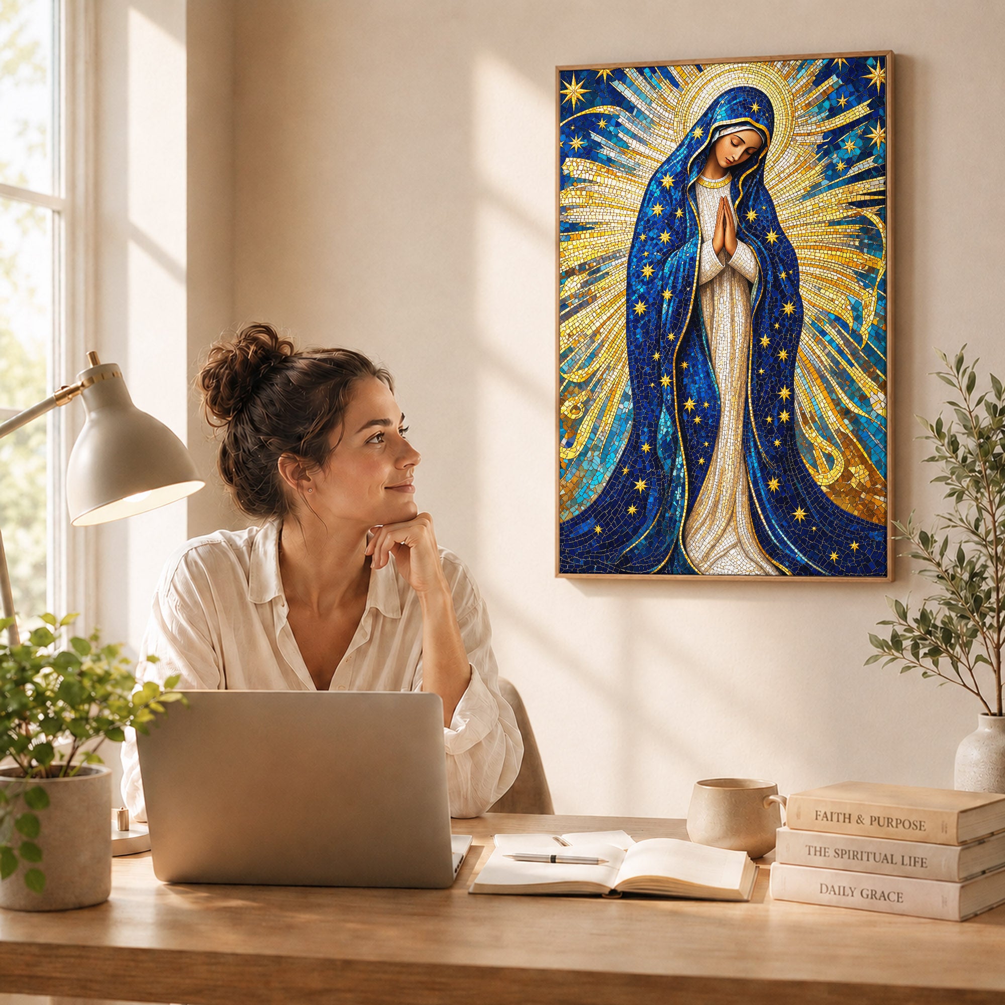 Golden Virgin Mary Starry Mosaic - Elegant Religious Art for Your Home Poster/Canvas