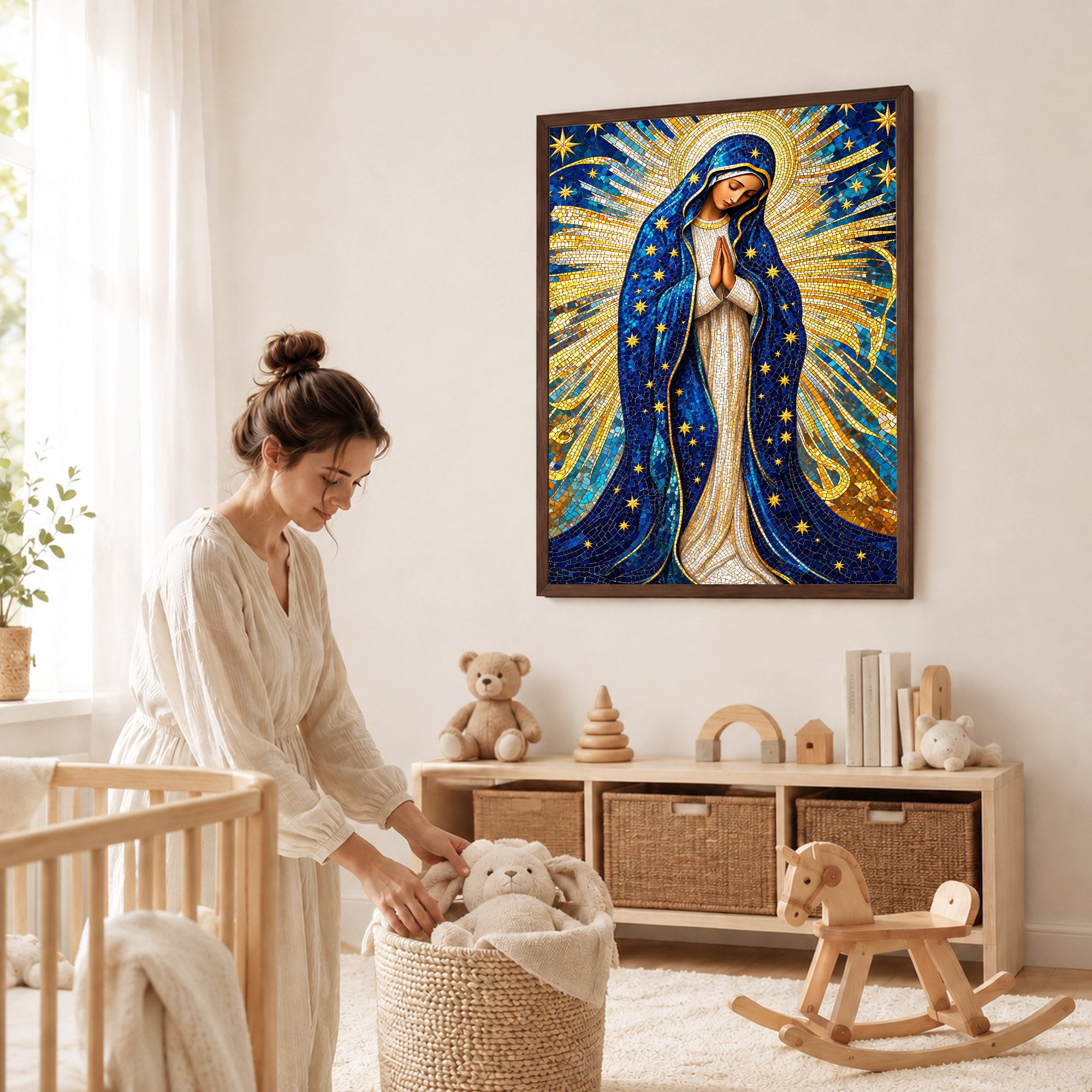 Golden Virgin Mary Starry Mosaic - Elegant Religious Art for Your Home Poster/Canvas