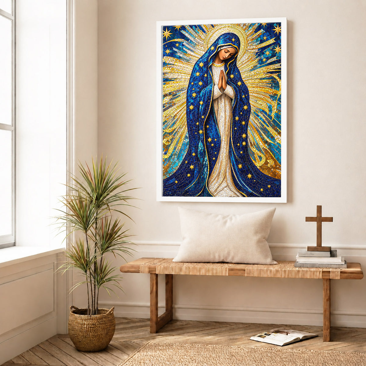 Golden Virgin Mary Starry Mosaic - Elegant Religious Art for Your Home Poster/Canvas