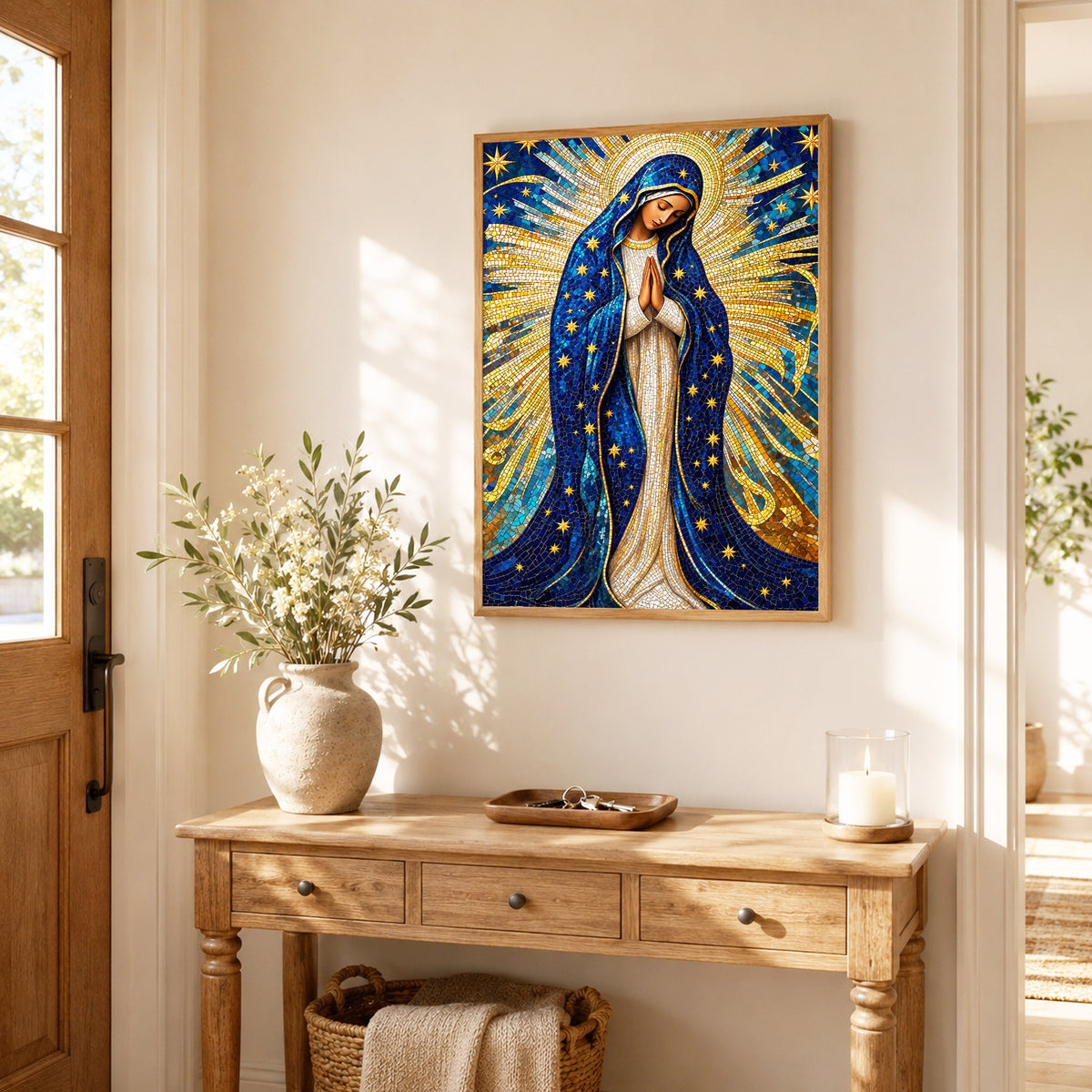 Golden Virgin Mary Starry Mosaic - Elegant Religious Art for Your Home Poster/Canvas