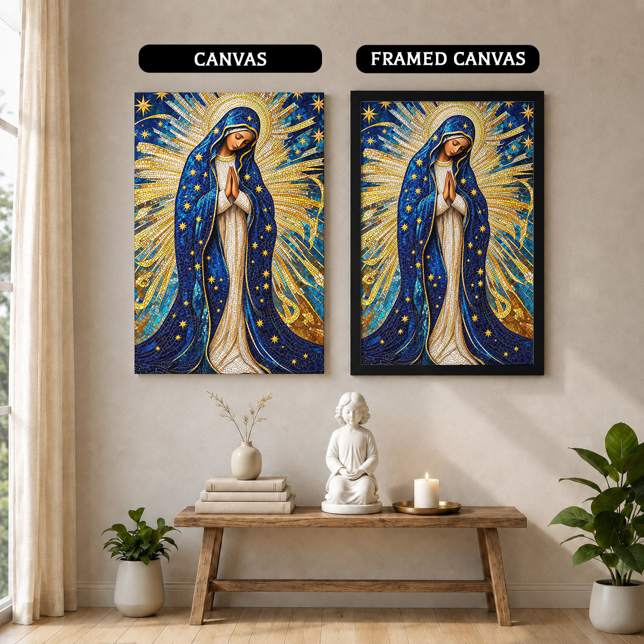 Golden Virgin Mary Starry Mosaic - Elegant Religious Art for Your Home Poster/Canvas