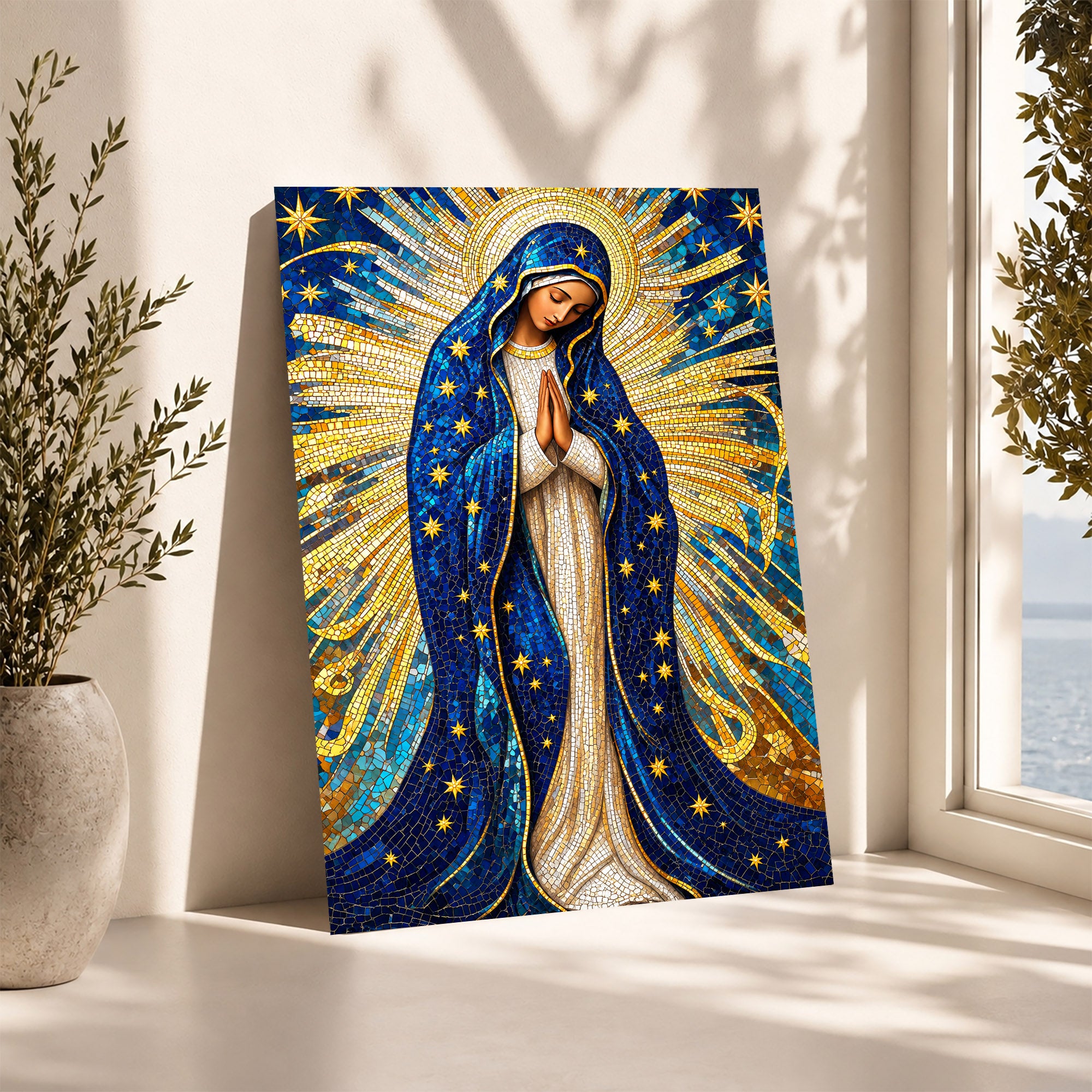 Golden Virgin Mary Starry Mosaic - Elegant Religious Art for Your Home Poster/Canvas