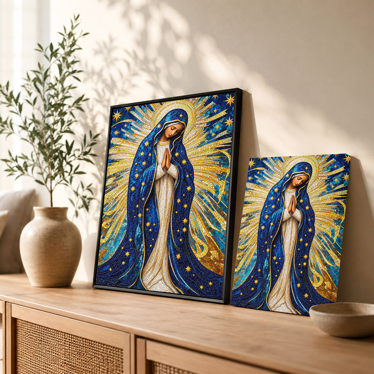 Golden Virgin Mary Starry Mosaic - Elegant Religious Art for Your Home Poster/Canvas