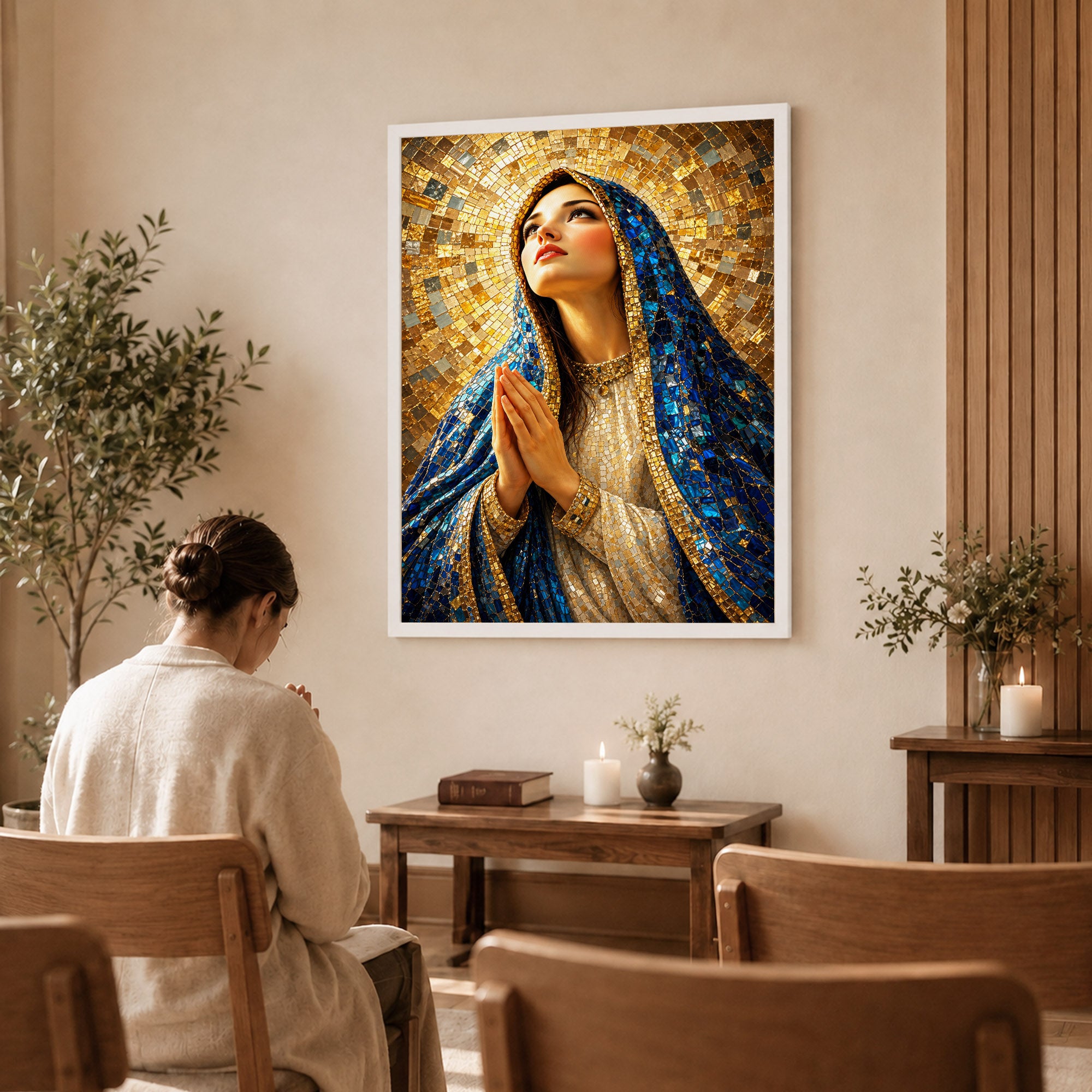 Blue Mosaic Virgin Mary Prayer Poster/Canvas