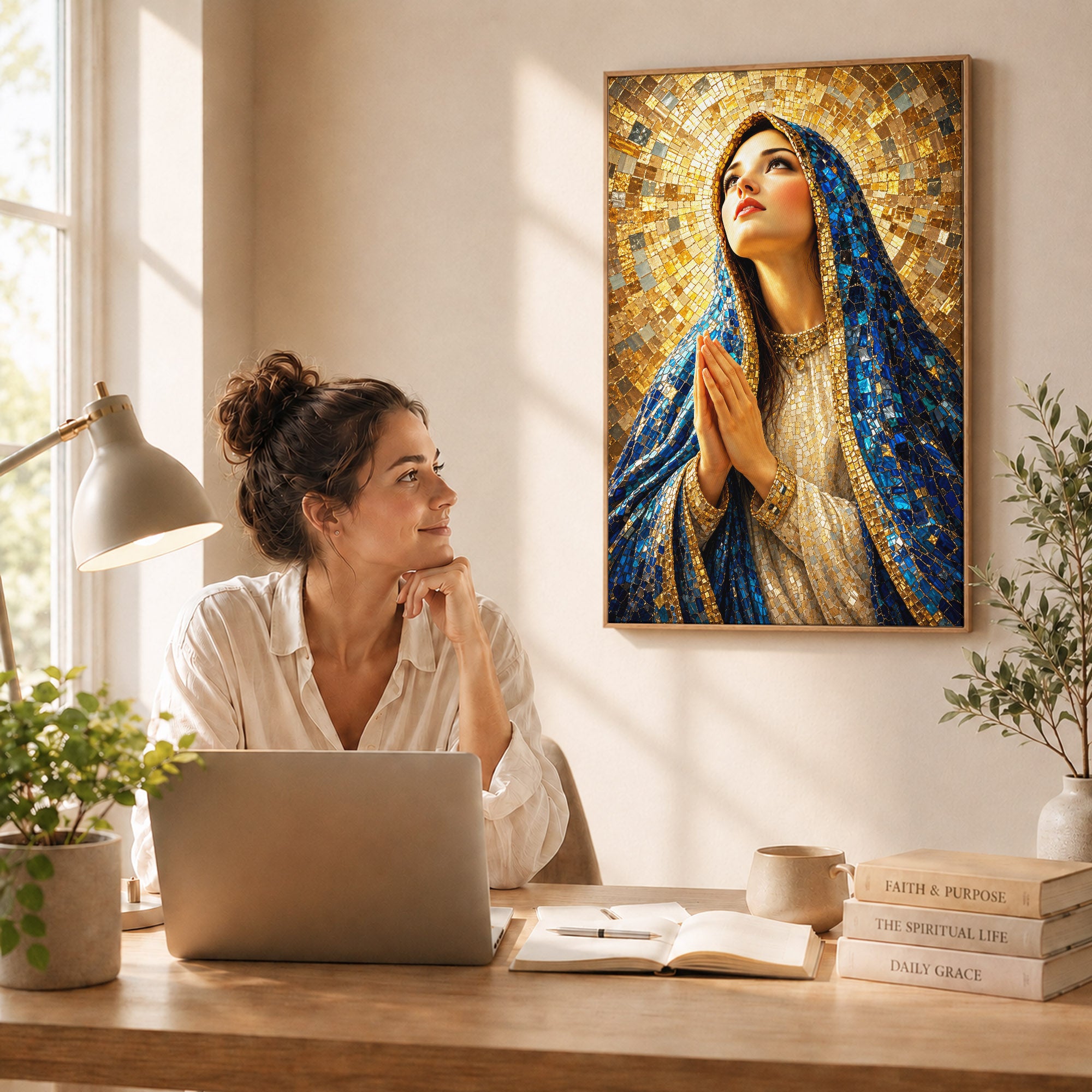 Blue Mosaic Virgin Mary Prayer Poster/Canvas