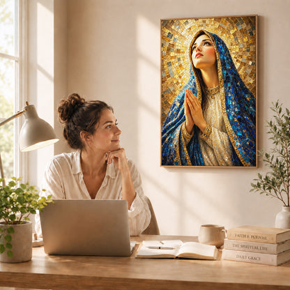 Blue Mosaic Virgin Mary Prayer Poster/Canvas