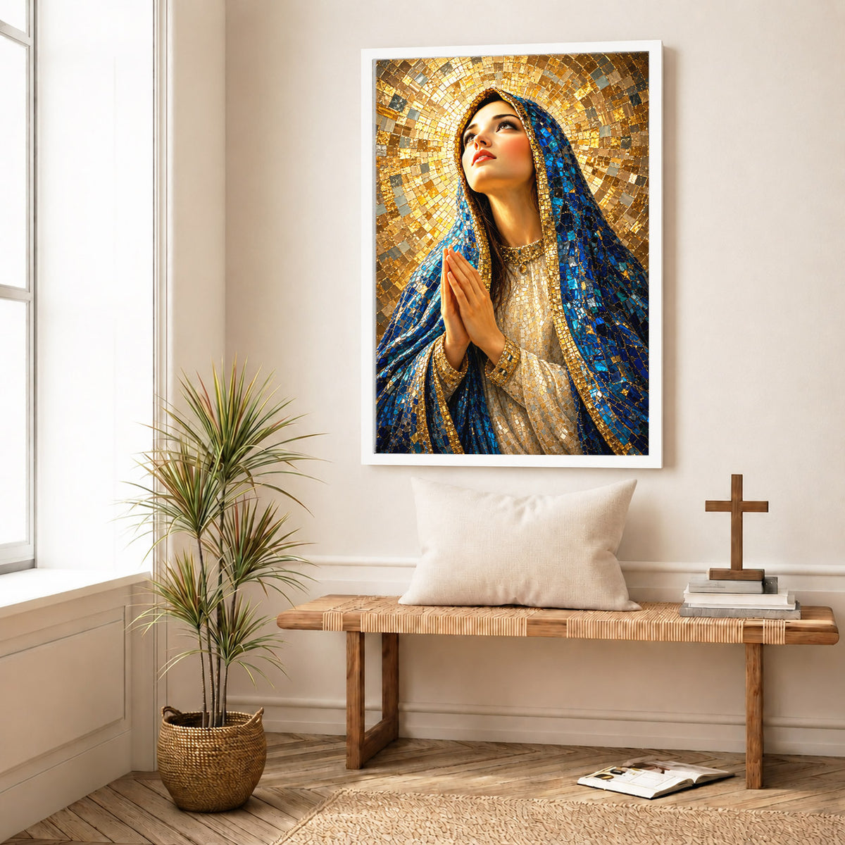 Blue Mosaic Virgin Mary Prayer Poster/Canvas