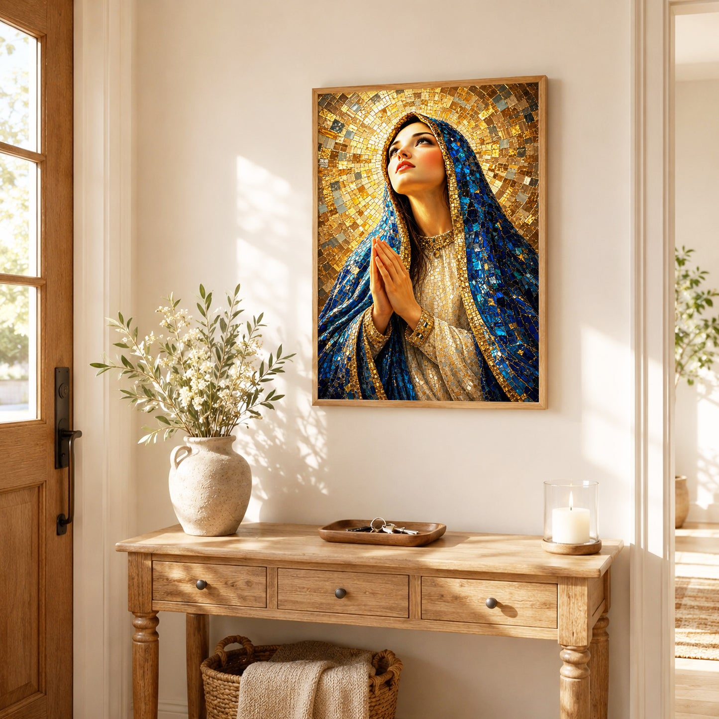 Blue Mosaic Virgin Mary Prayer Poster/Canvas