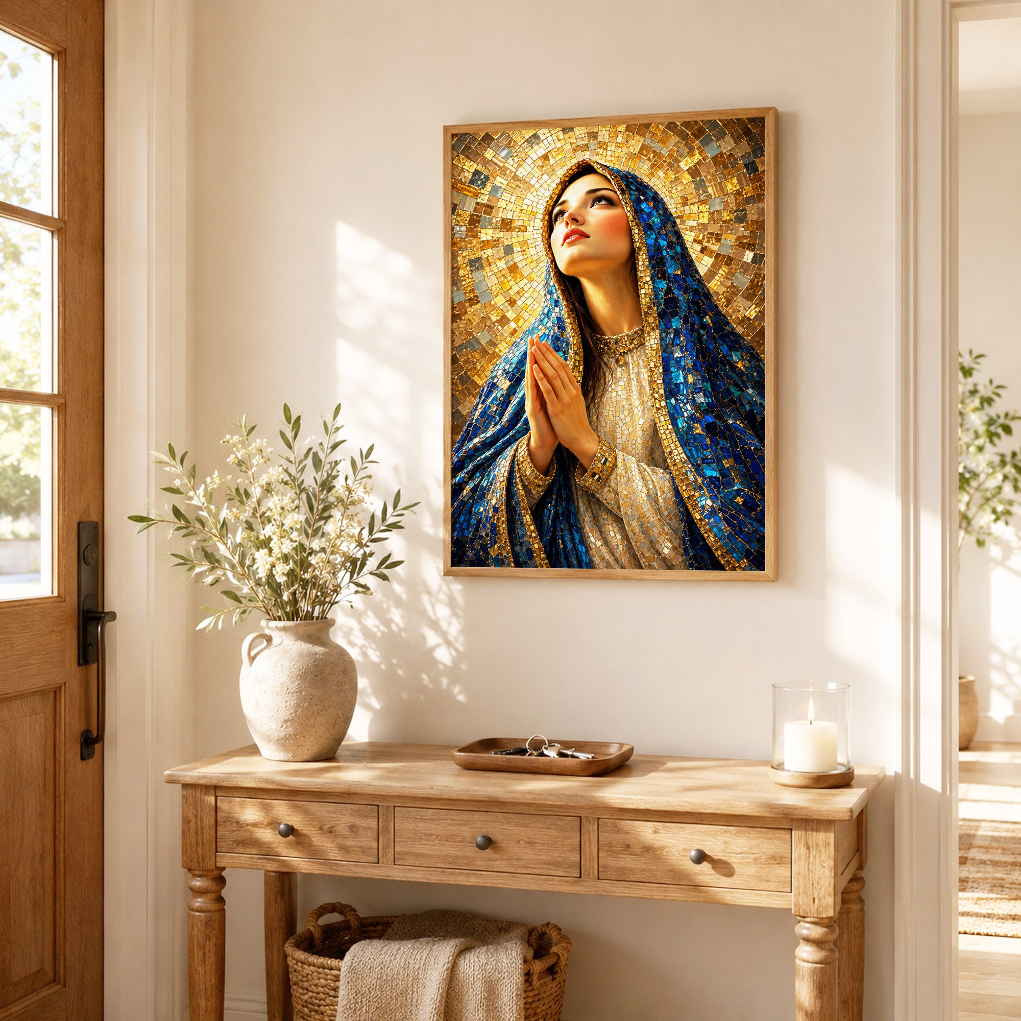 Blue Mosaic Virgin Mary Prayer Poster/Canvas