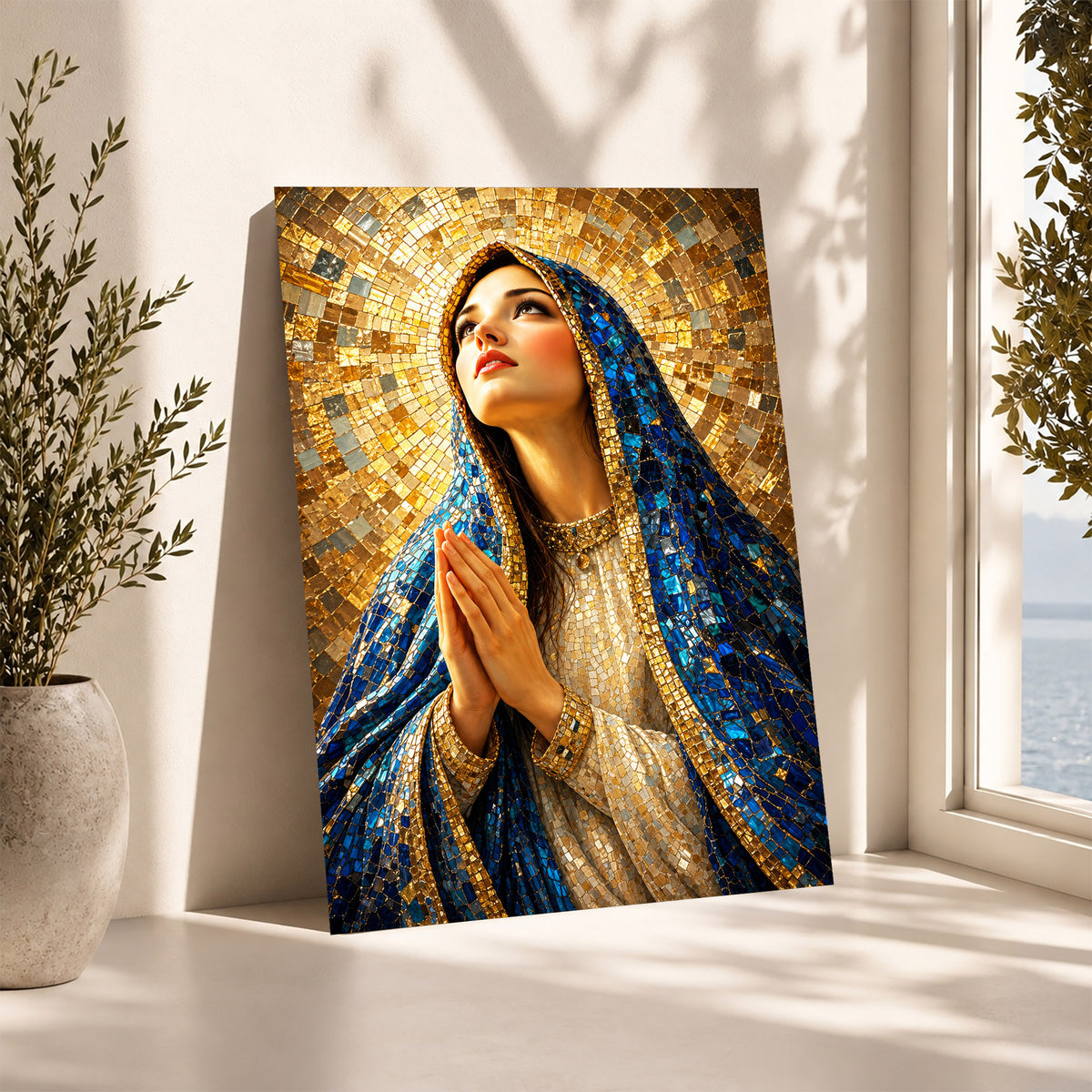 Blue Mosaic Virgin Mary Prayer Poster/Canvas