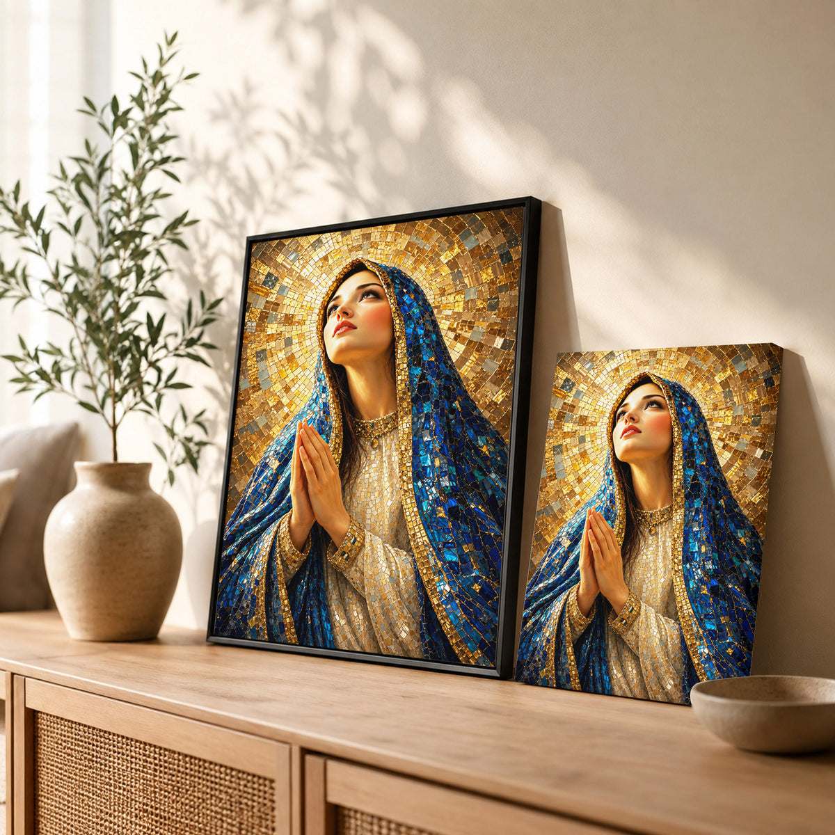 Blue Mosaic Virgin Mary Prayer Poster/Canvas