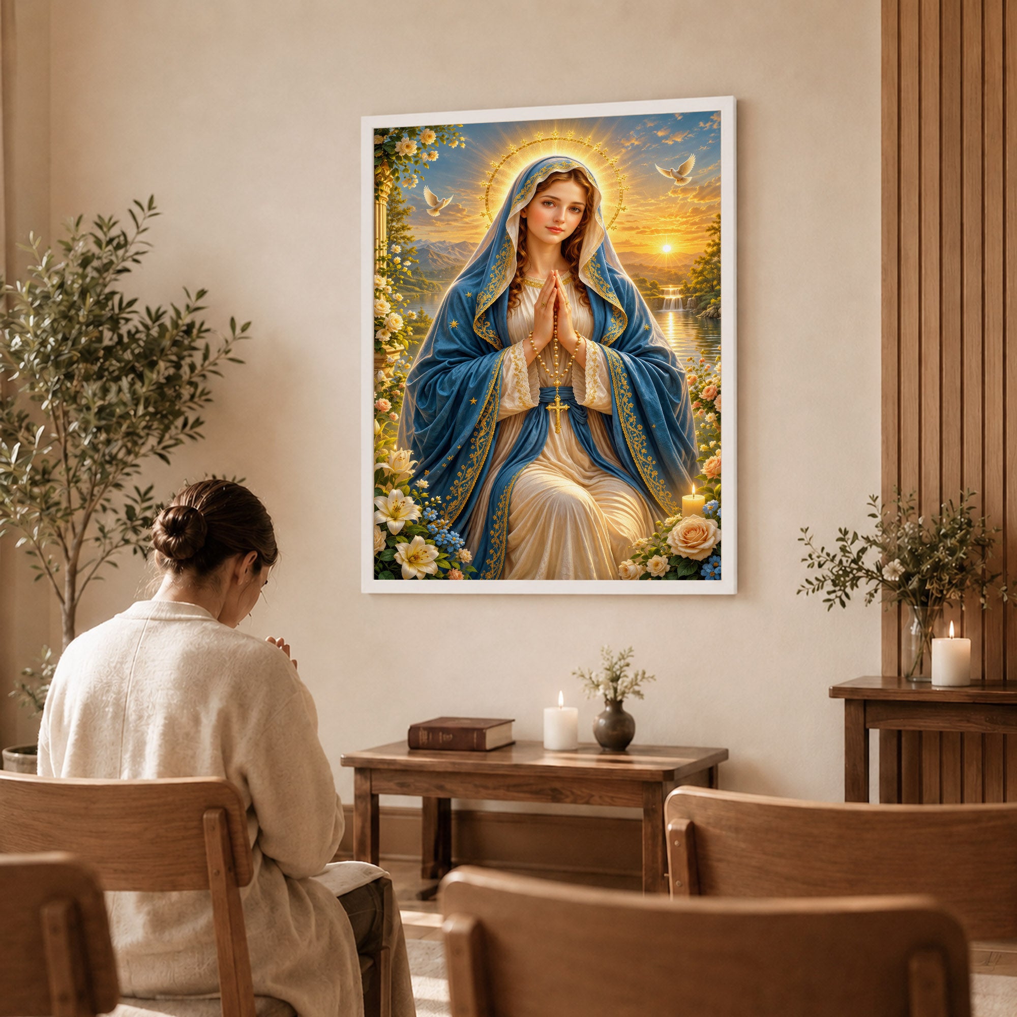 Sunset Prayer Virgin Mary Landscape Poster/Canvas