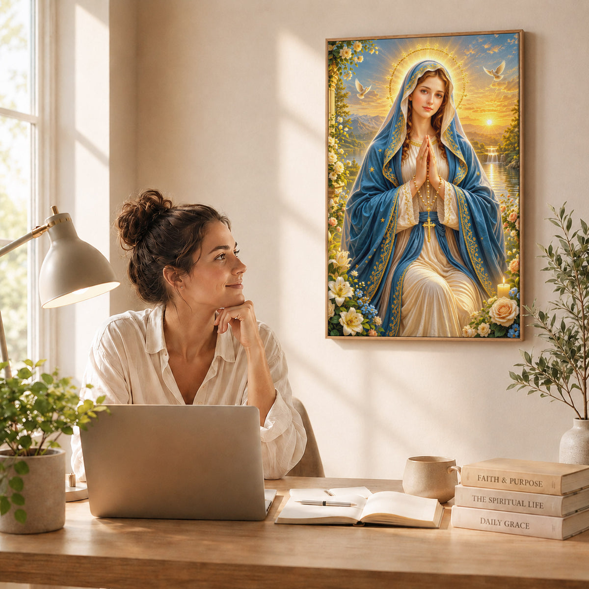 Sunset Prayer Virgin Mary Landscape Poster/Canvas