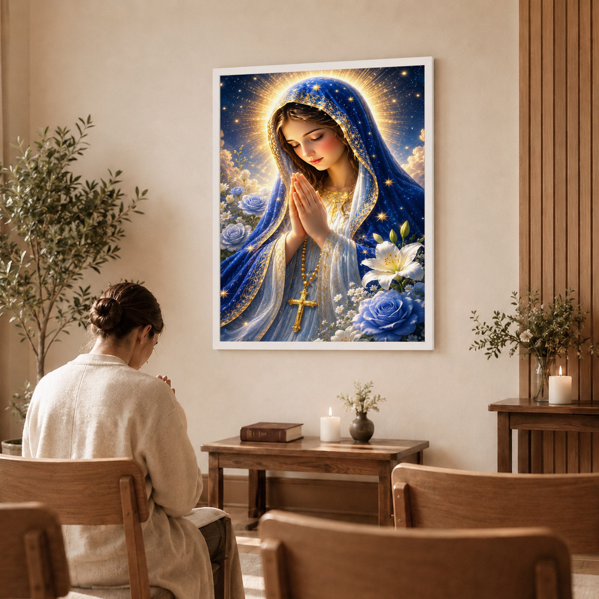 Blue Rose Virgin Mary Prayer Poster/Canvas