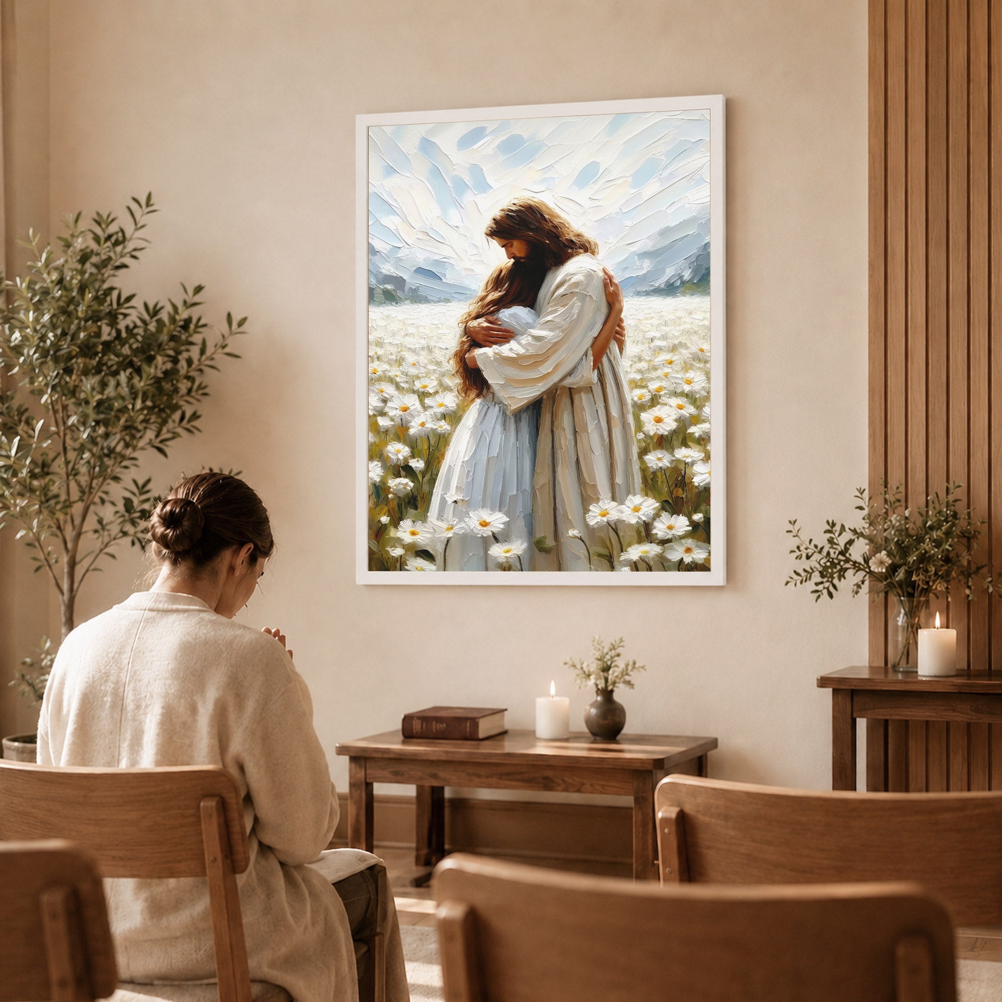 Jesus Embrace in the Daisy Field Poster/Canvas