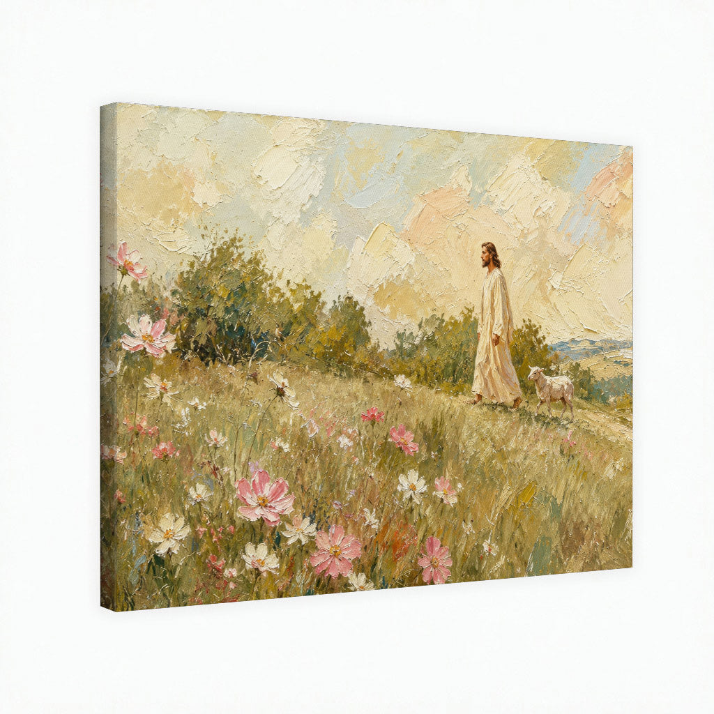 Jesus Walking Through the Wildflower Meadow Poster/Canvas
