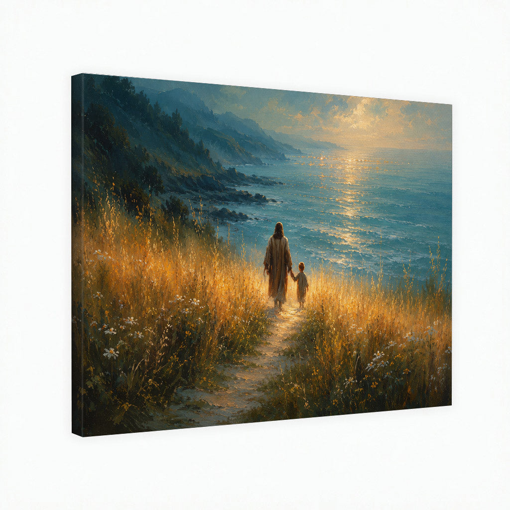 Jesus Walking With Child by the Sea Christian Wall Art Poster/Canvas