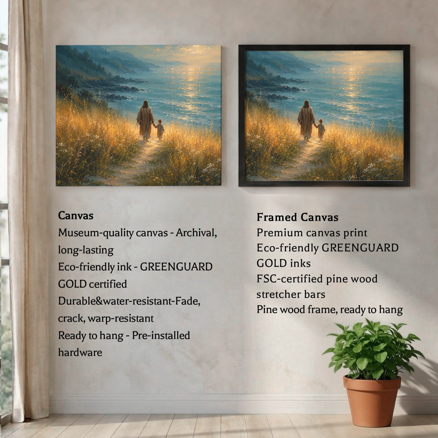 Jesus Walking With Child by the Sea Christian Wall Art Poster/Canvas