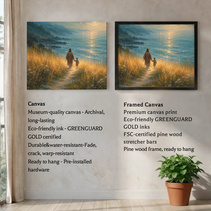 Jesus Walking With Child by the Sea Christian Wall Art Poster/Canvas