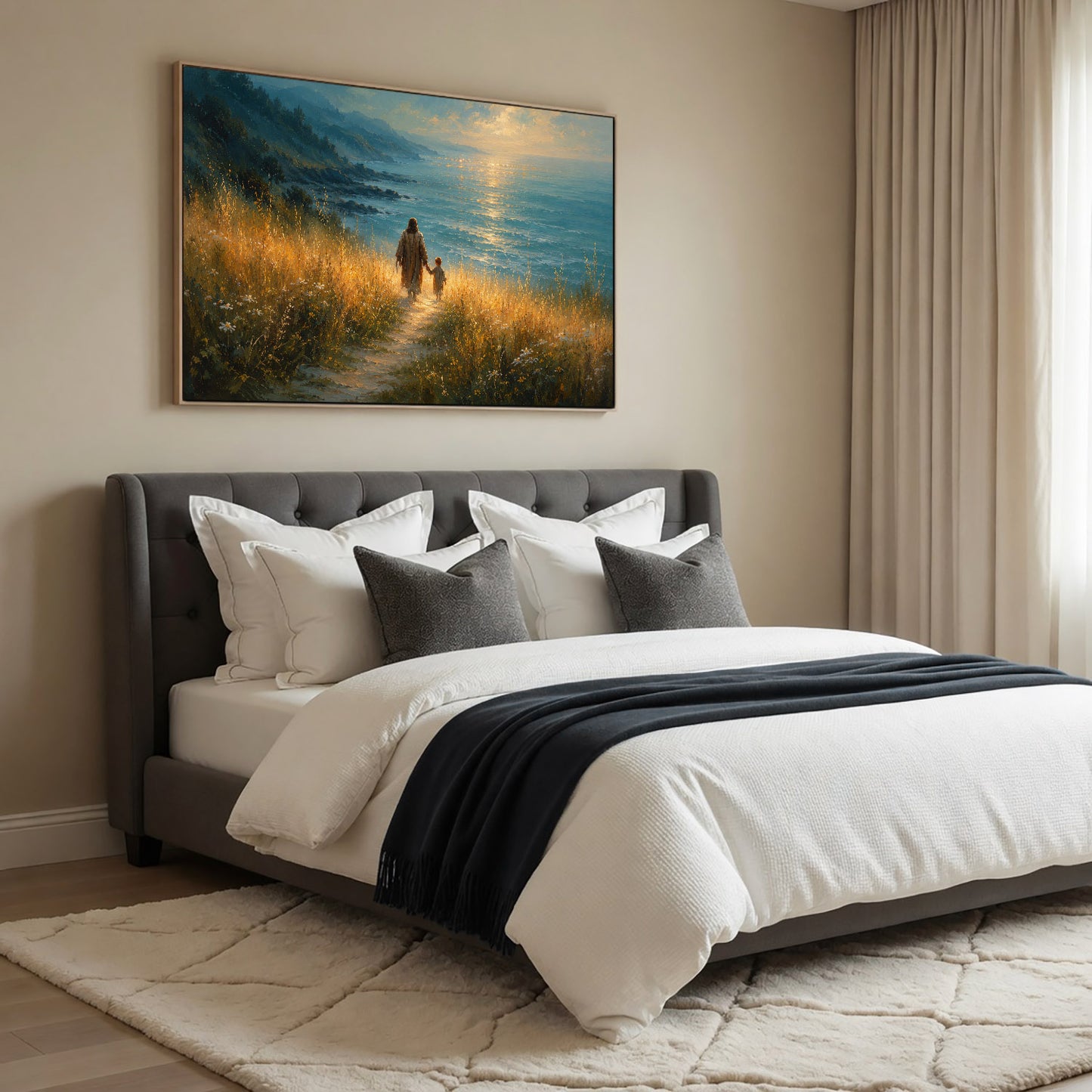 Jesus Walking With Child by the Sea Christian Wall Art Poster/Canvas