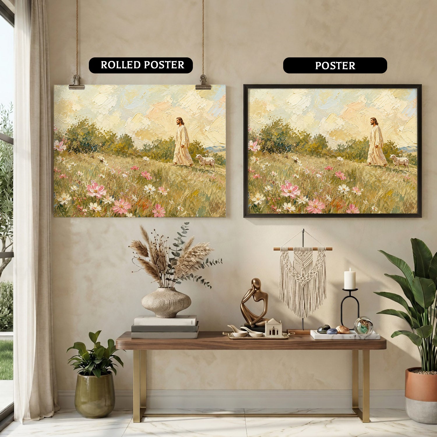 Jesus Walking Through the Wildflower Meadow Poster/Canvas