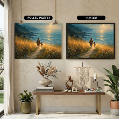 Jesus Walking With Child by the Sea Christian Wall Art Poster/Canvas