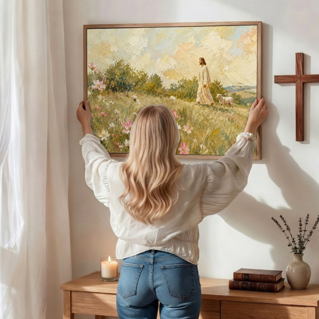 Jesus Walking Through the Wildflower Meadow Poster/Canvas