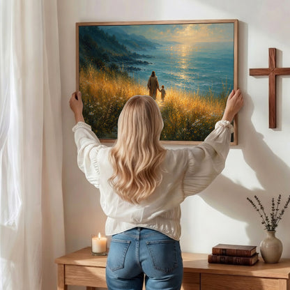 Jesus Walking With Child by the Sea Christian Wall Art Poster/Canvas