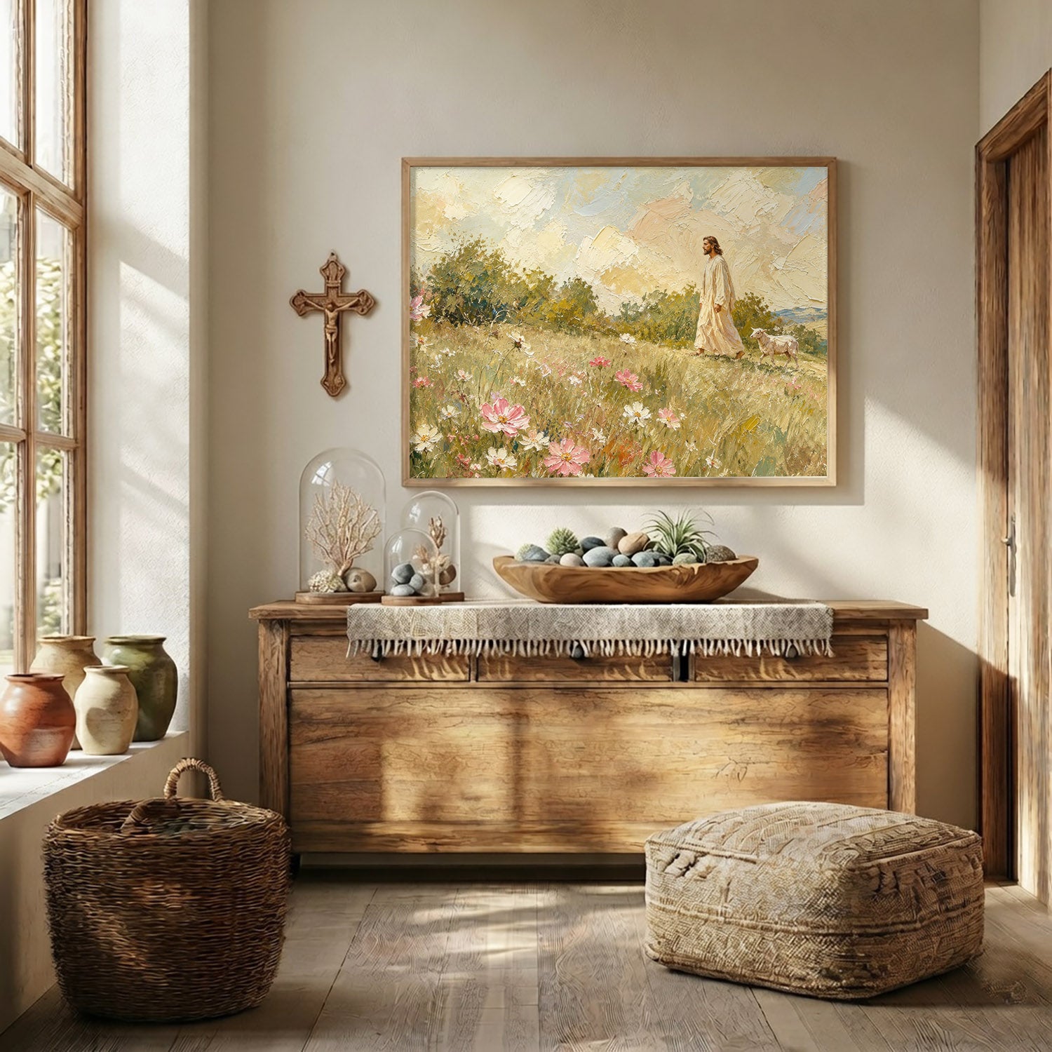 Jesus Walking Through the Wildflower Meadow Poster/Canvas