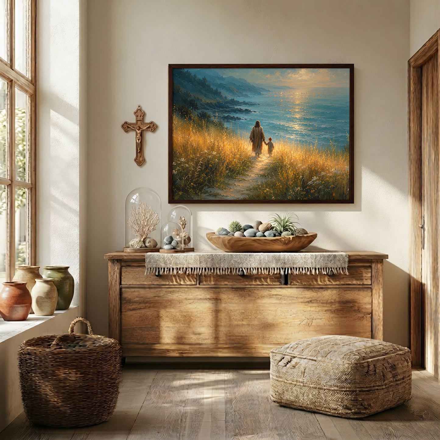 Jesus Walking With Child by the Sea Christian Wall Art Poster/Canvas