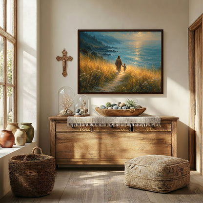 Jesus Walking With Child by the Sea Christian Wall Art Poster/Canvas