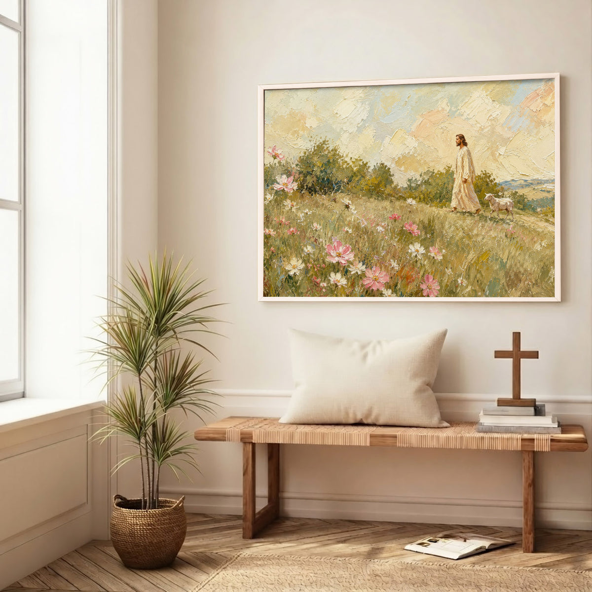 Jesus Walking Through the Wildflower Meadow Poster/Canvas