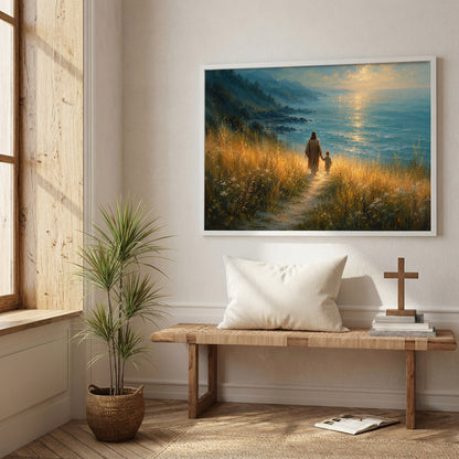 Jesus Walking With Child by the Sea Christian Wall Art Poster/Canvas