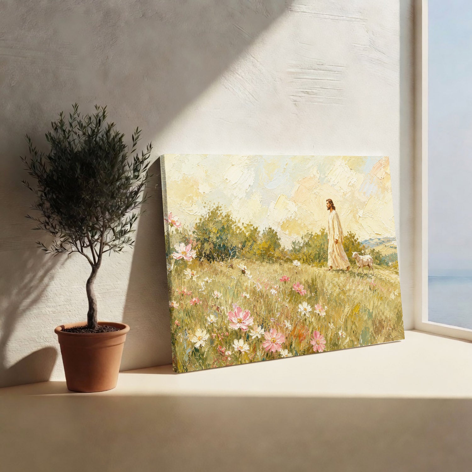 Jesus Walking Through the Wildflower Meadow Poster/Canvas