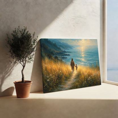 Jesus Walking With Child by the Sea Christian Wall Art Poster/Canvas