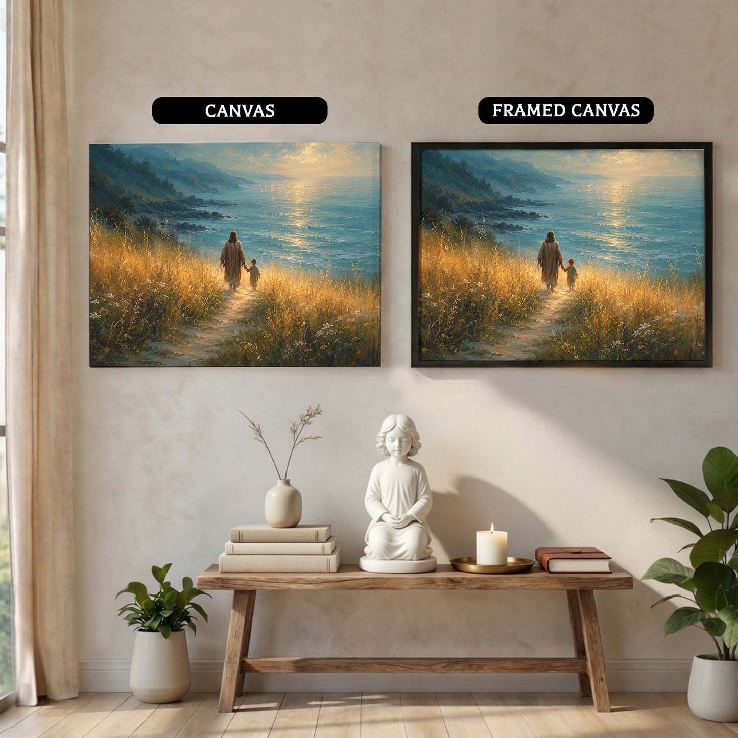 Jesus Walking With Child by the Sea Christian Wall Art Poster/Canvas