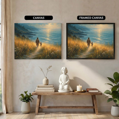 Jesus Walking With Child by the Sea Christian Wall Art Poster/Canvas