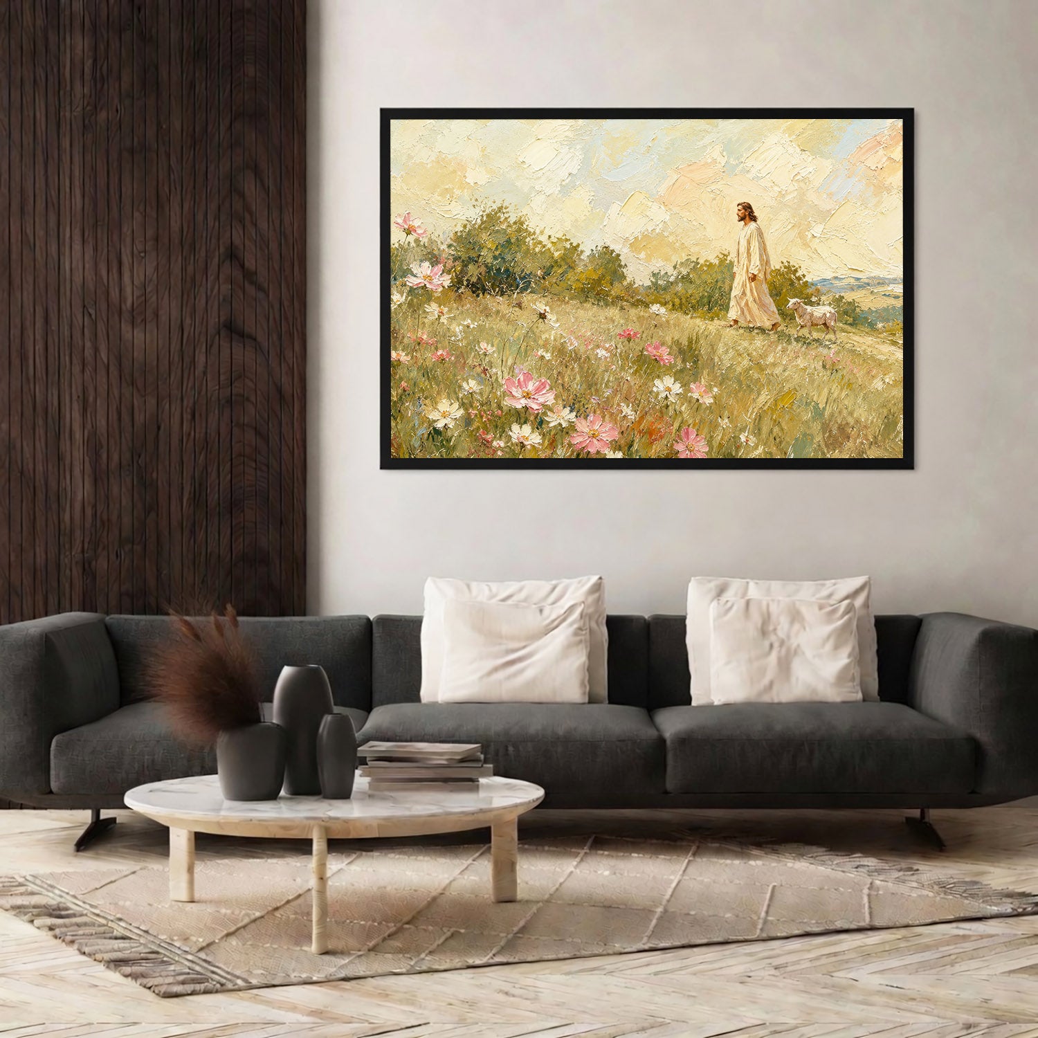 Jesus Walking Through the Wildflower Meadow Poster/Canvas