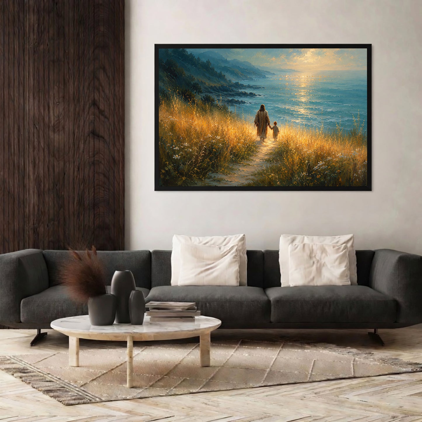 Jesus Walking With Child by the Sea Christian Wall Art Poster/Canvas