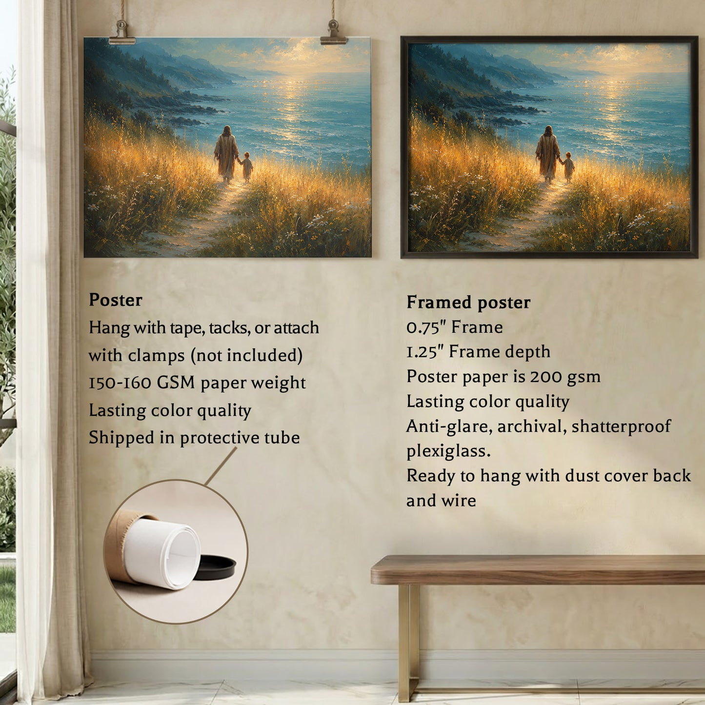Jesus Walking With Child by the Sea Christian Wall Art Poster/Canvas
