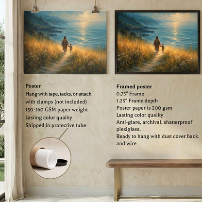 Jesus Walking With Child by the Sea Christian Wall Art Poster/Canvas