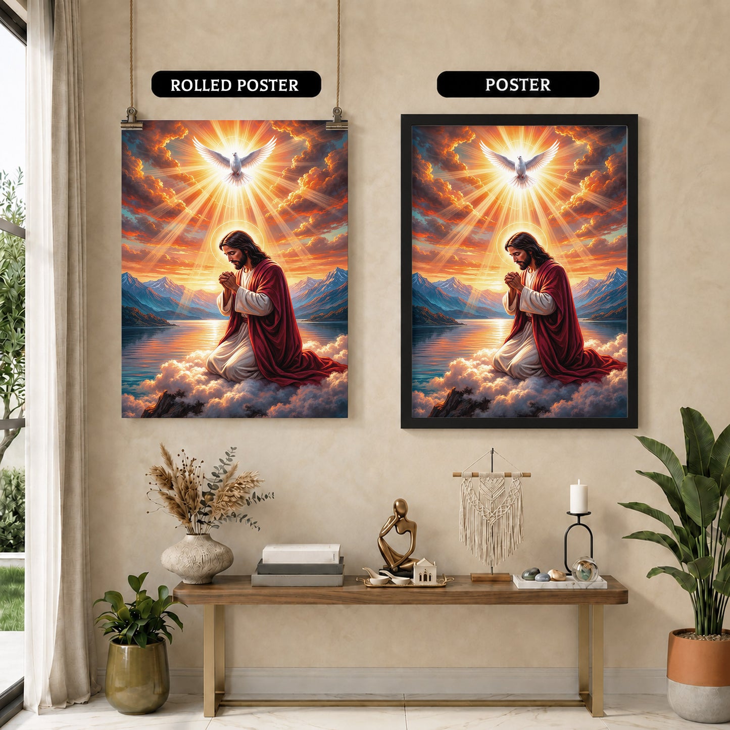 “Radiant Light Over Mountain Prayer Scene Wall Art Poster/Canvas