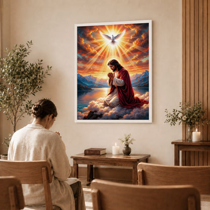 “Radiant Light Over Mountain Prayer Scene Wall Art Poster/Canvas