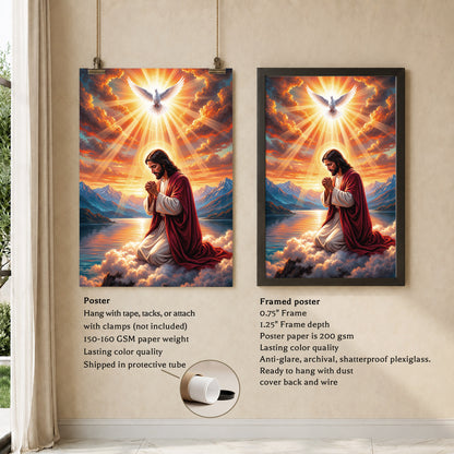 “Radiant Light Over Mountain Prayer Scene Wall Art Poster/Canvas