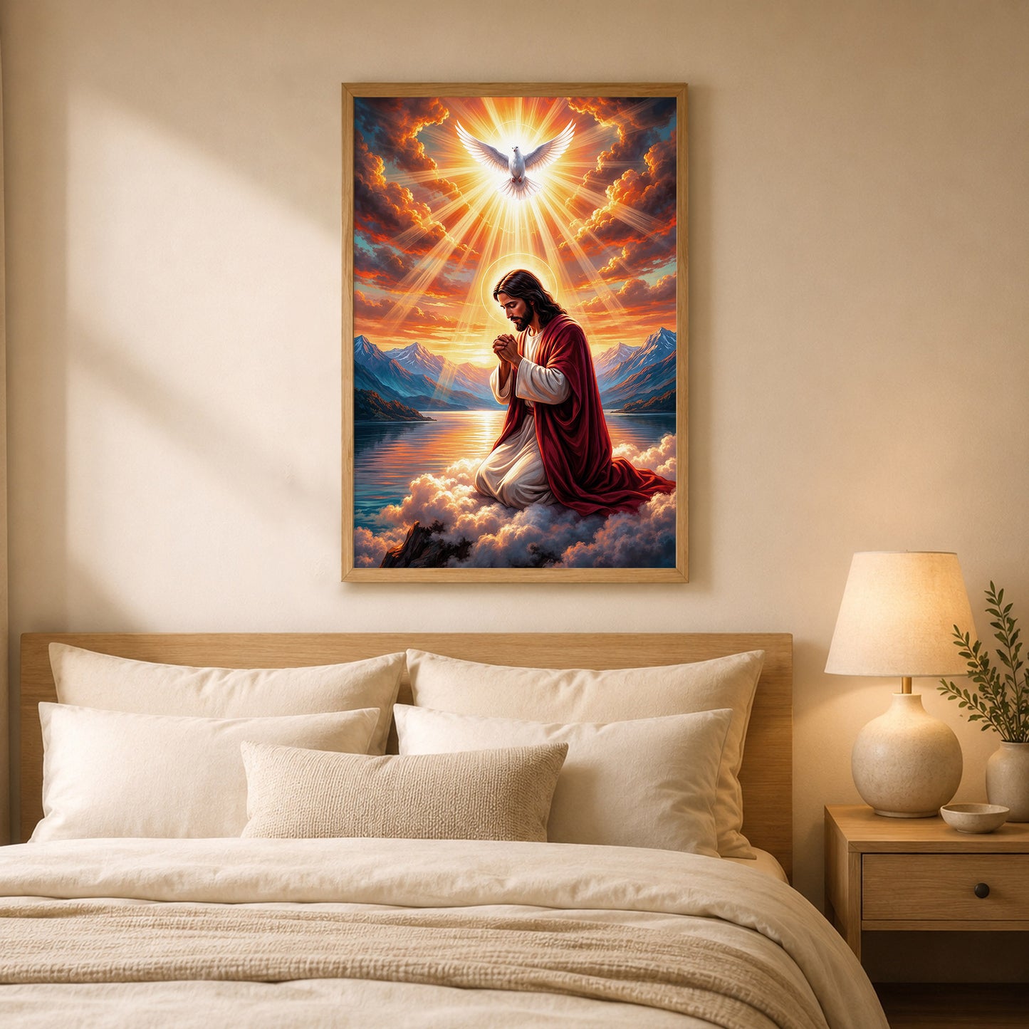 “Radiant Light Over Mountain Prayer Scene Wall Art Poster/Canvas