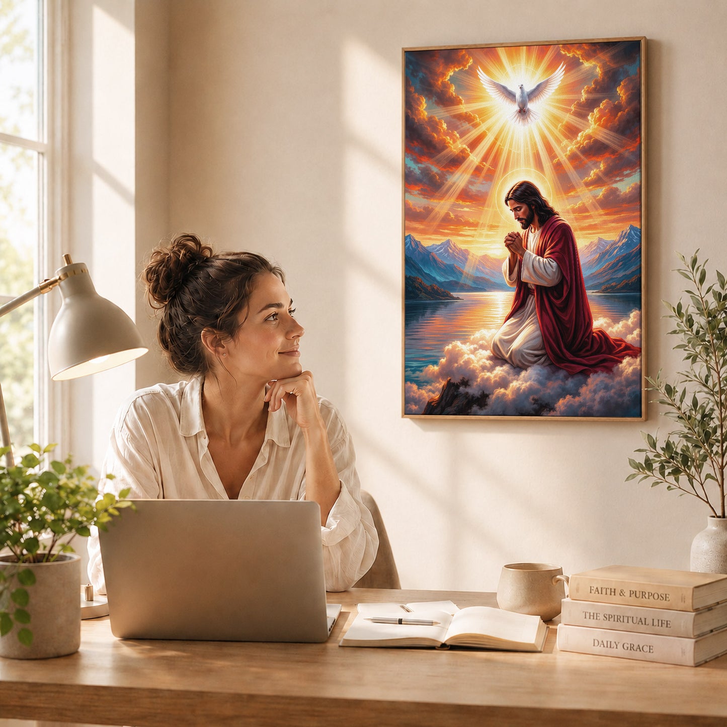 “Radiant Light Over Mountain Prayer Scene Wall Art Poster/Canvas